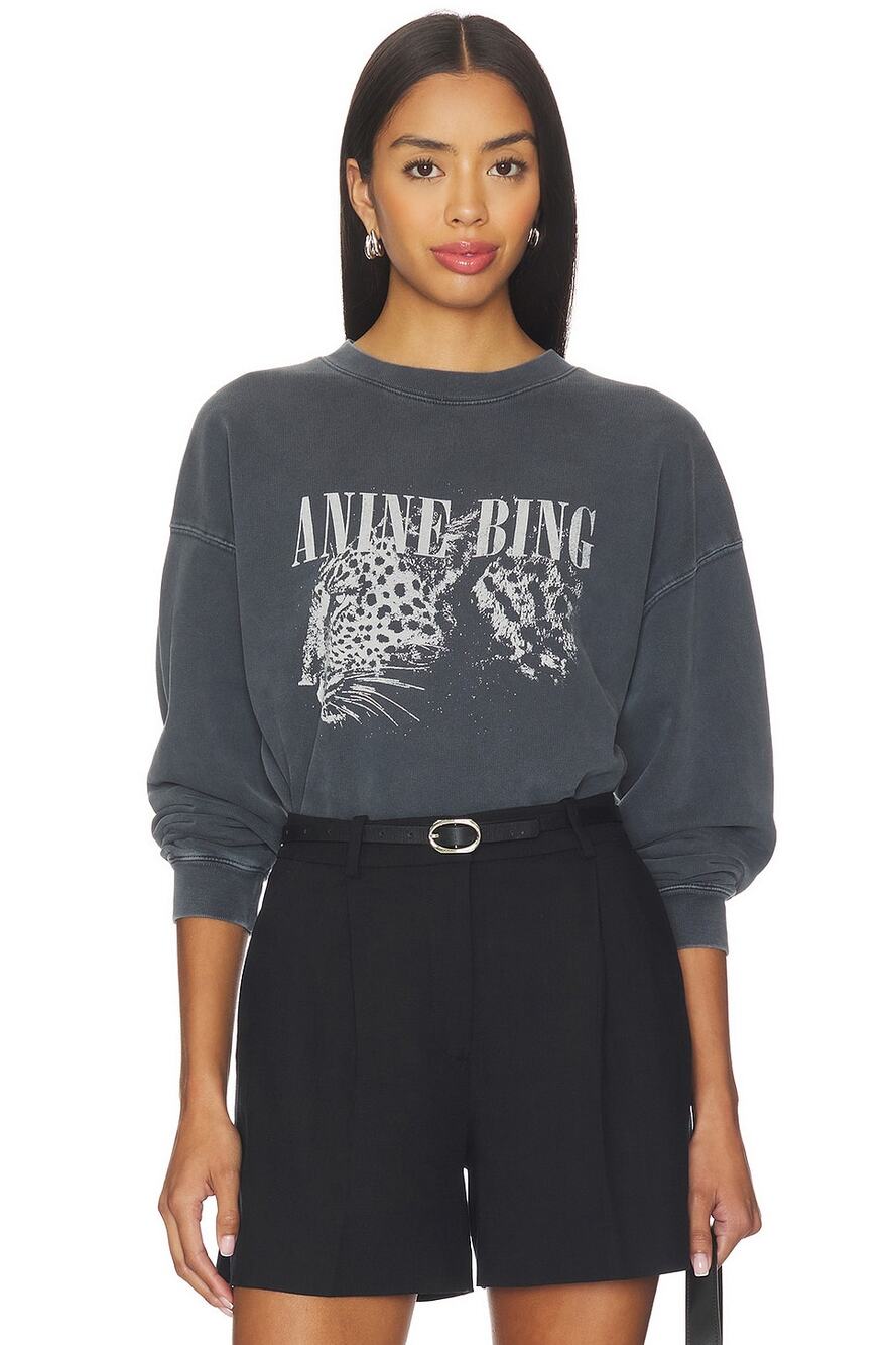 Anine Bing Spencer washed black leopard sweatshirt size XS